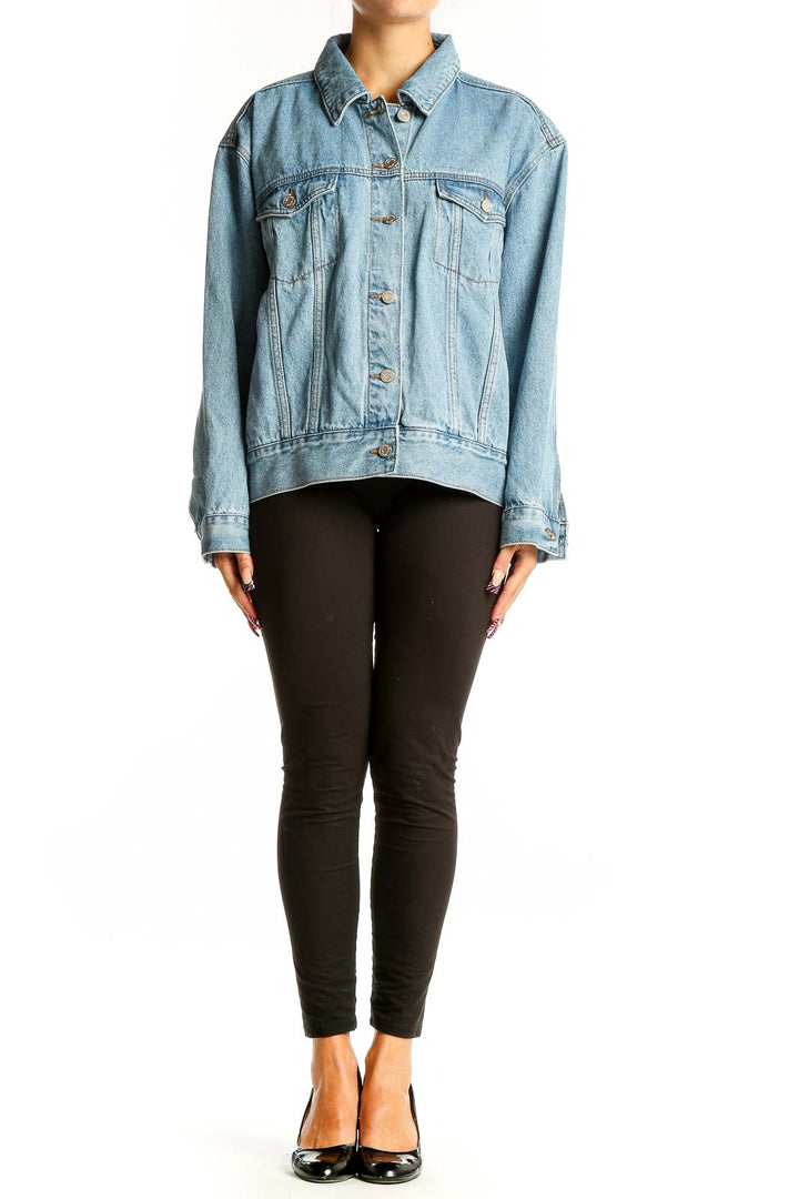 Front view of light blue oversized denim jacket