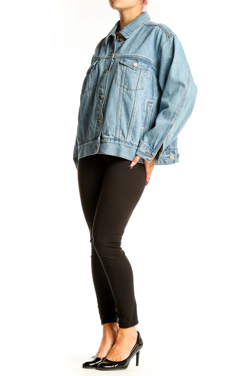 Front view of light blue oversized denim jacket