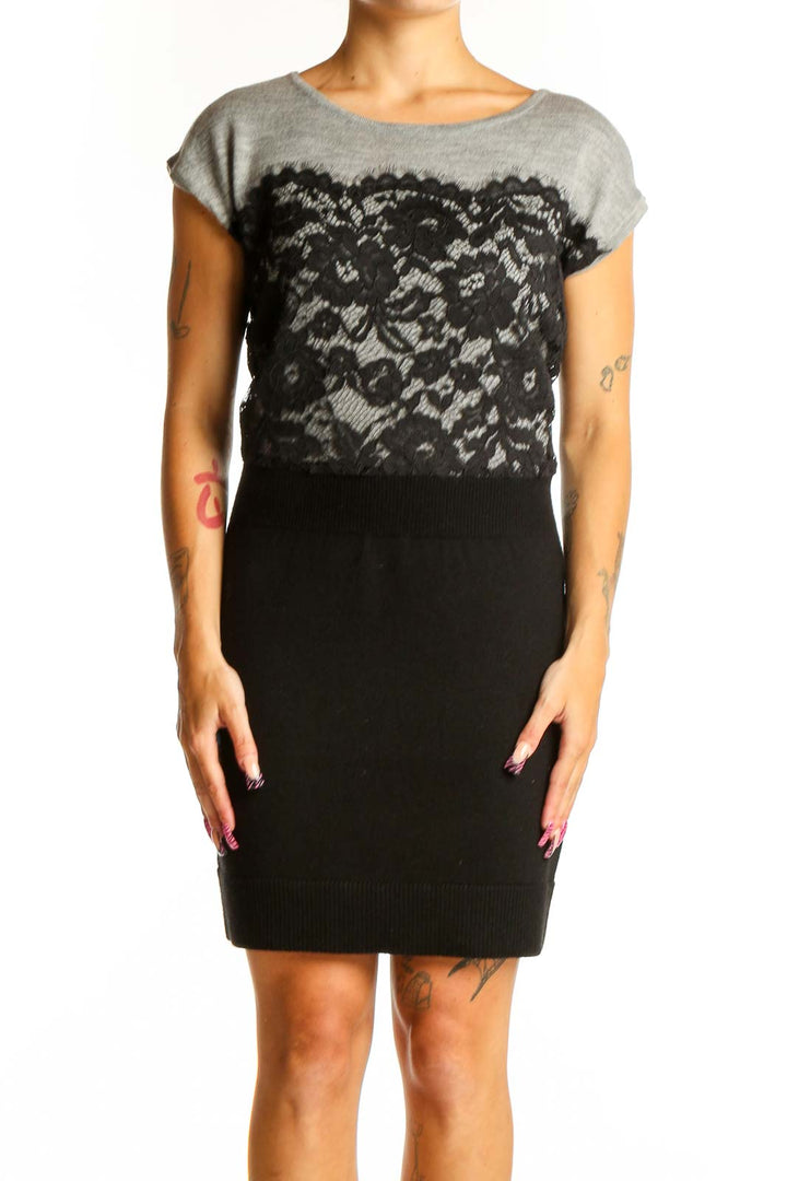 Front view of LOFT gray and black lace overlay knit dress