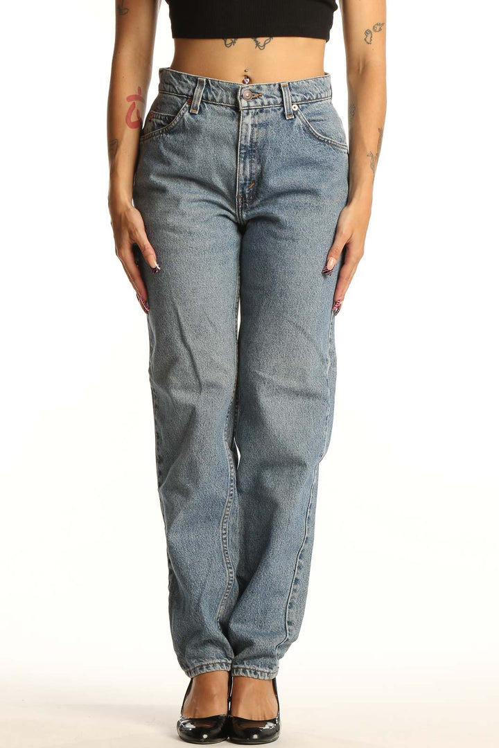 Front view of Levi's light blue straight leg jeans on model