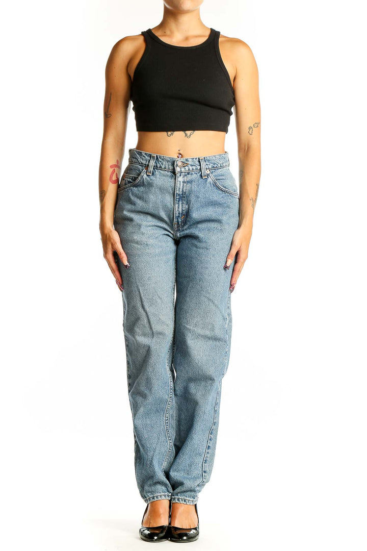 Front view of Levi's light blue straight leg jeans on model
