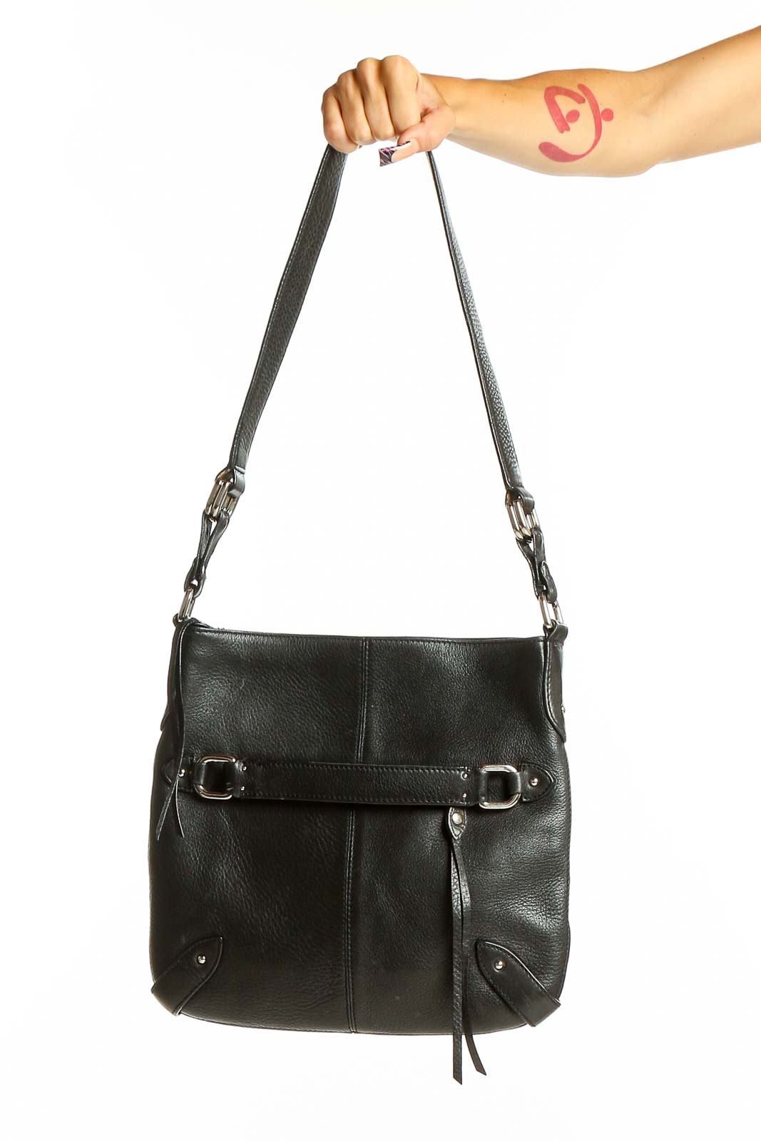 Front view of Cole Haan black leather shoulder bag with buckle detail