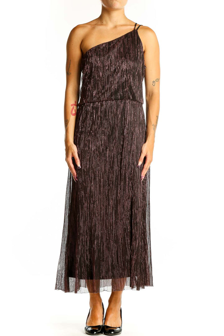 Front view of brown shimmering one-shoulder midi dress by Socialite