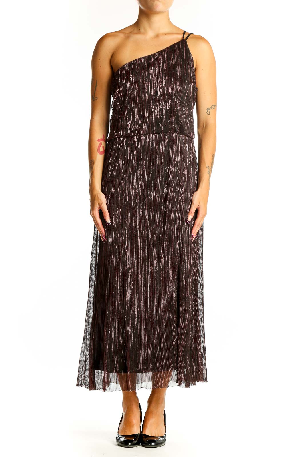 Front view of brown shimmering one-shoulder midi dress by Socialite