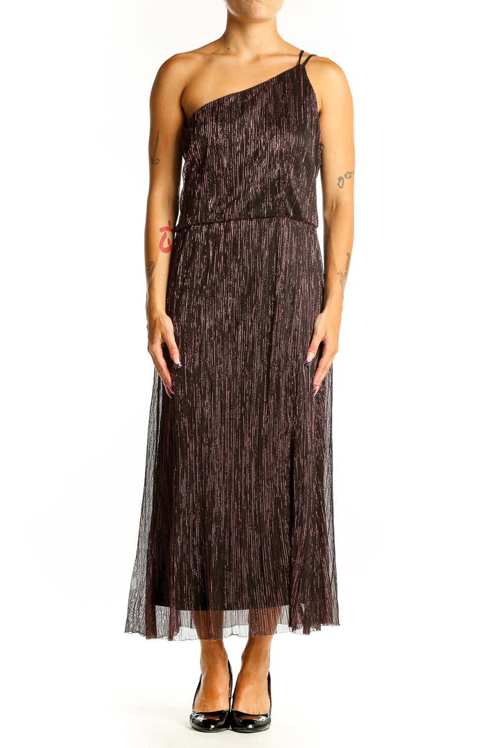 Front view of brown shimmering one-shoulder midi dress by Socialite