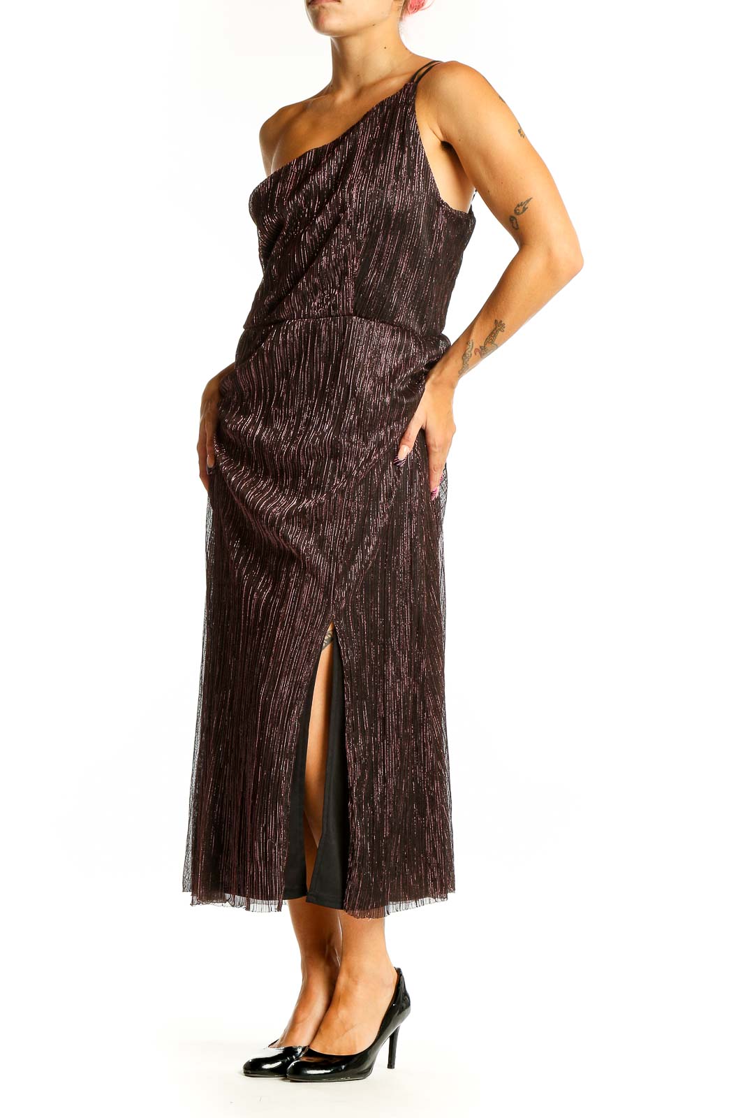 Front view of brown shimmering one-shoulder midi dress by Socialite