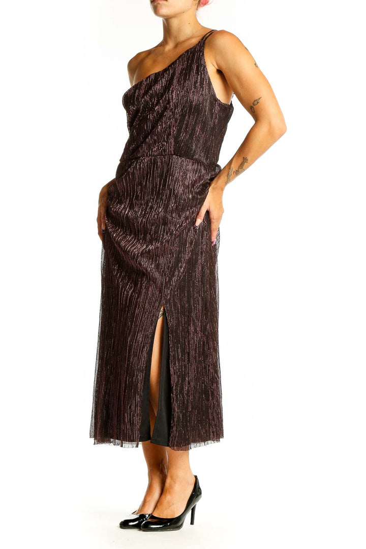 Front view of brown shimmering one-shoulder midi dress by Socialite