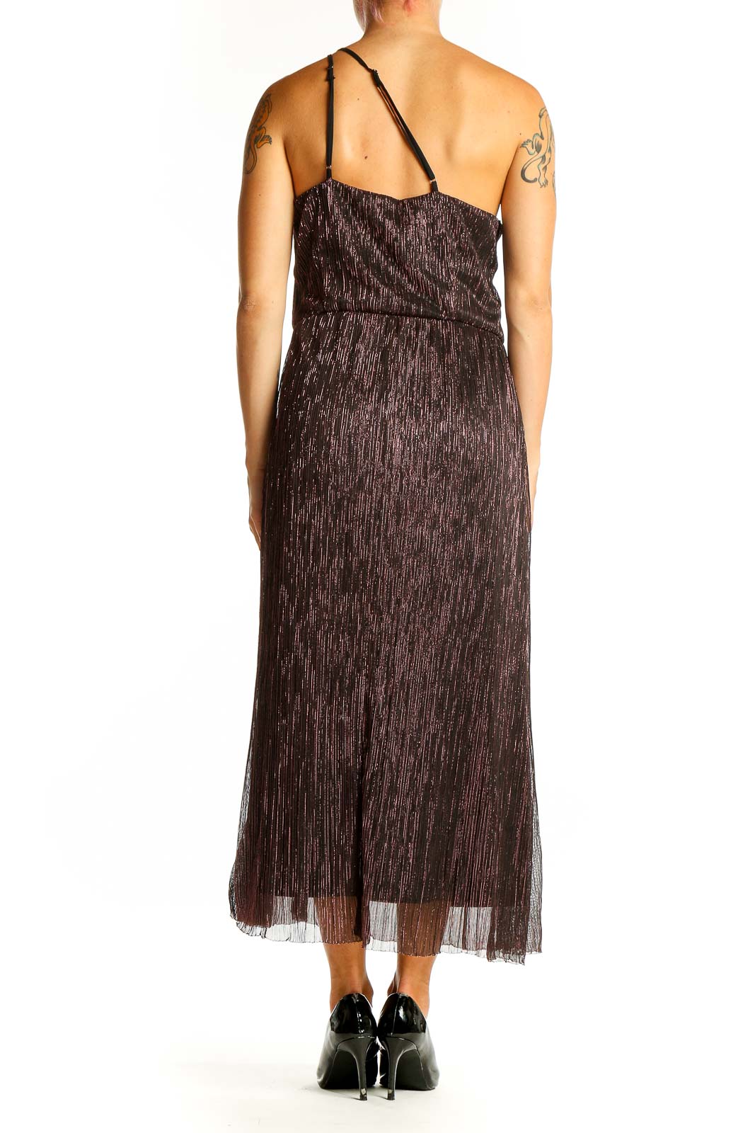 Back view of brown shimmering one-shoulder midi dress with side slit by Socialite
