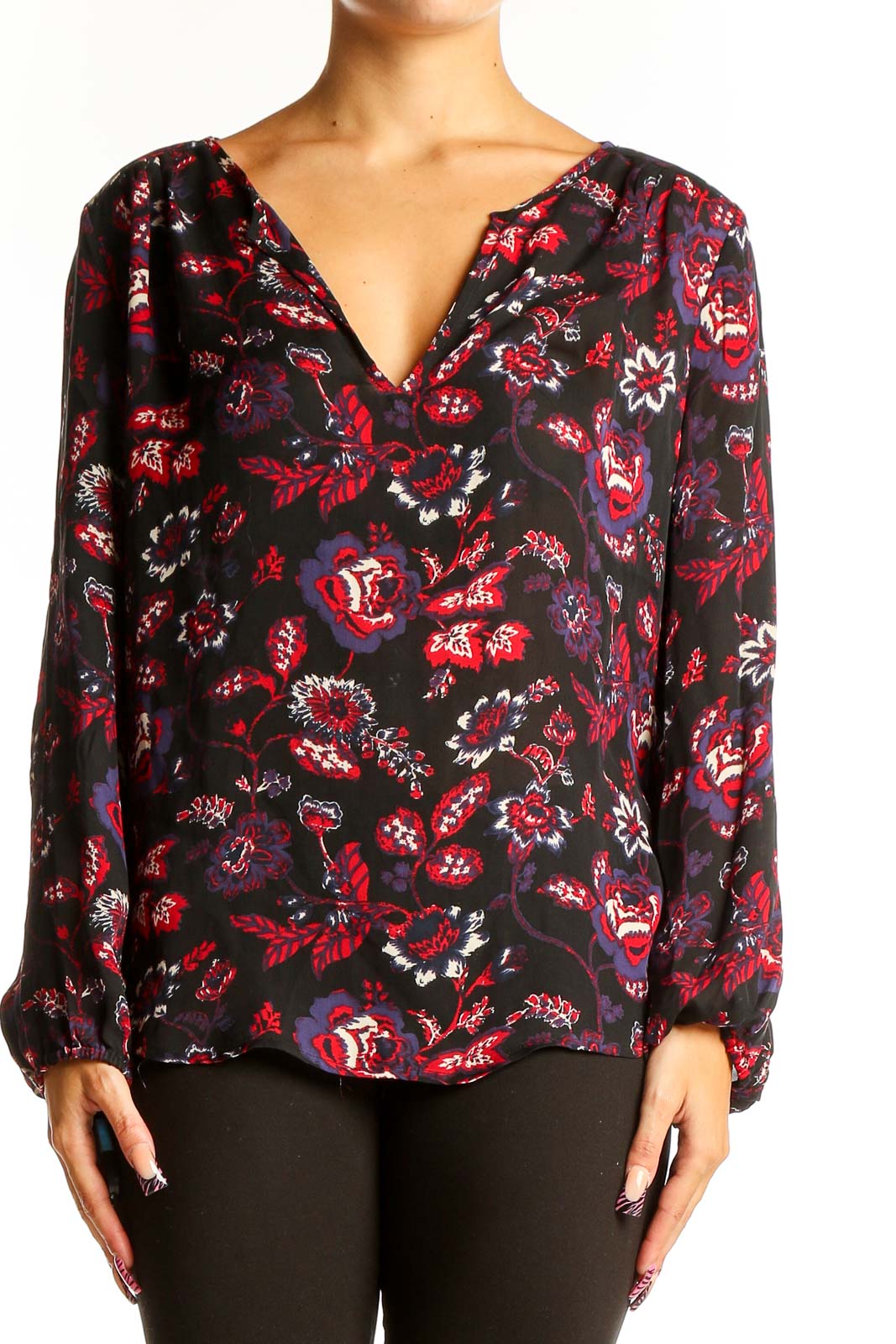 Front view of Joie black silk blouse with red and purple floral print