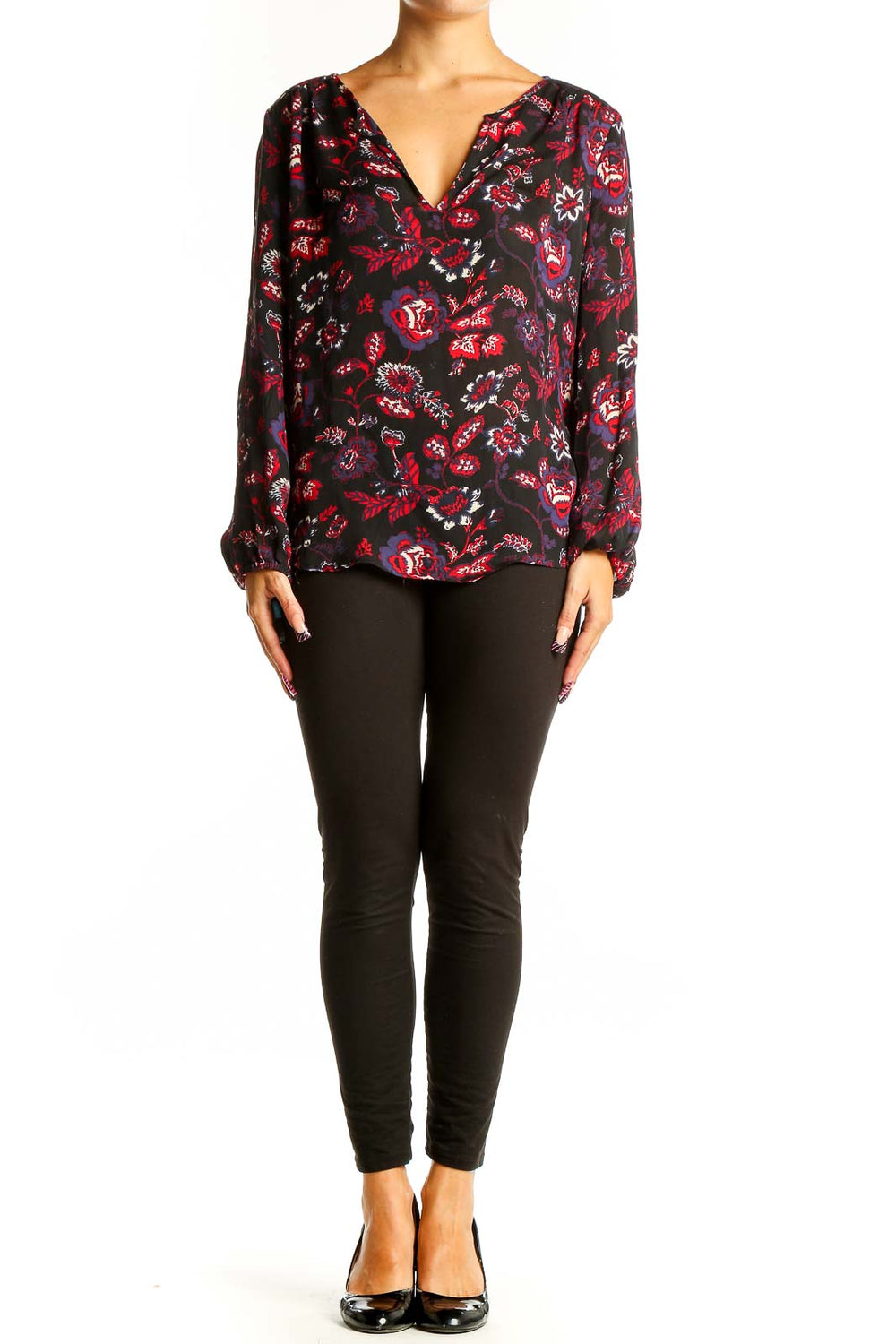 Front view of Joie black silk blouse with red and purple floral print