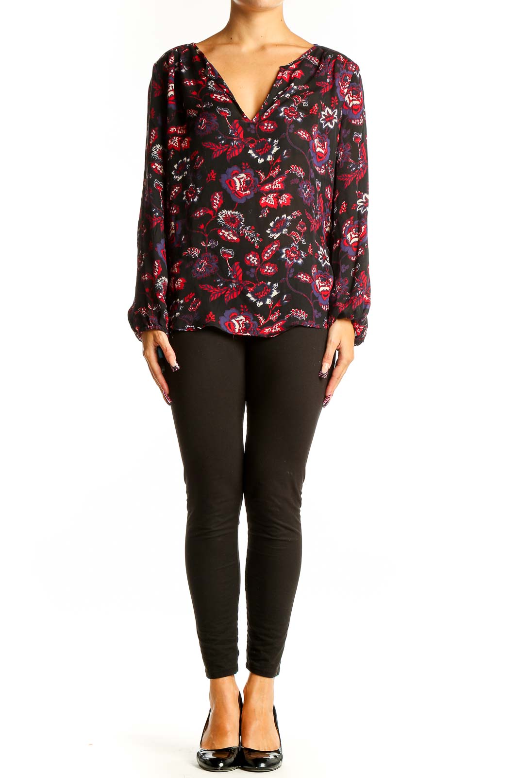 Front view of Joie black silk blouse with red and purple floral print