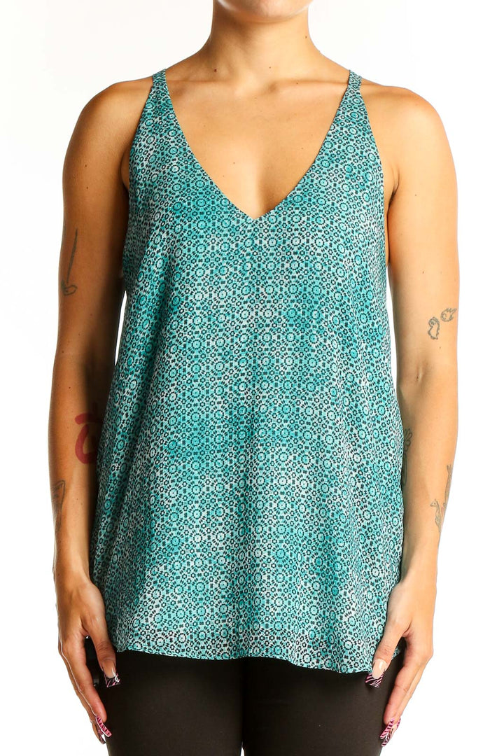 Front view of teal geometric print V-neck tank top by Tart