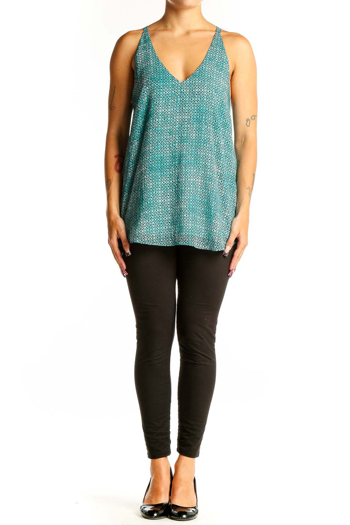 Front view of teal geometric print V-neck tank top by Tart
