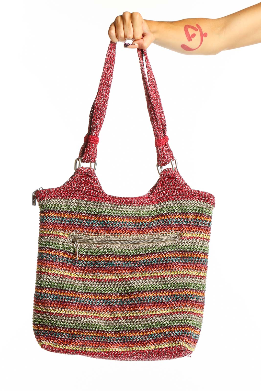 Front view of The Sak multicolor striped crochet shoulder bag