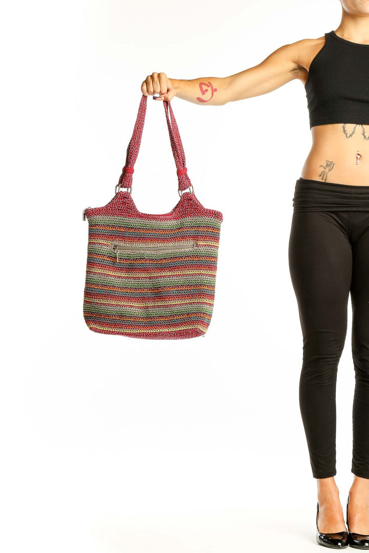 Front view of The Sak multicolor striped crochet shoulder bag