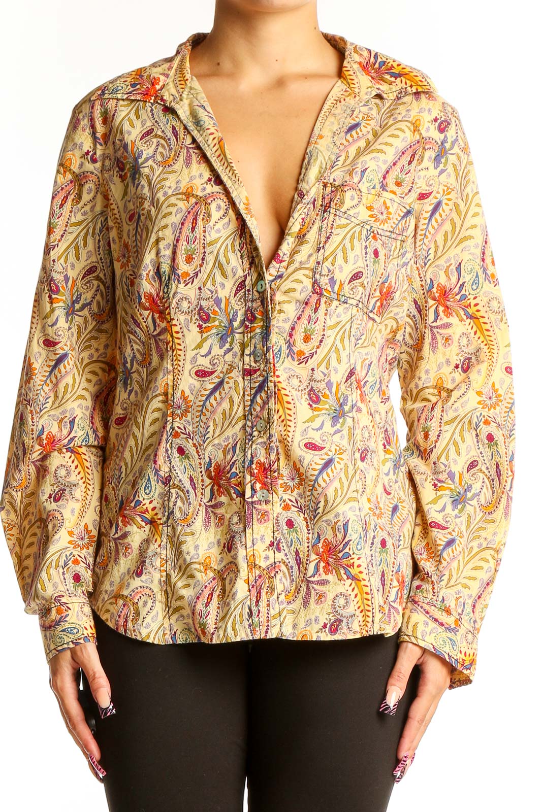 Front view of yellow floral cotton button-up blouse by Sundance