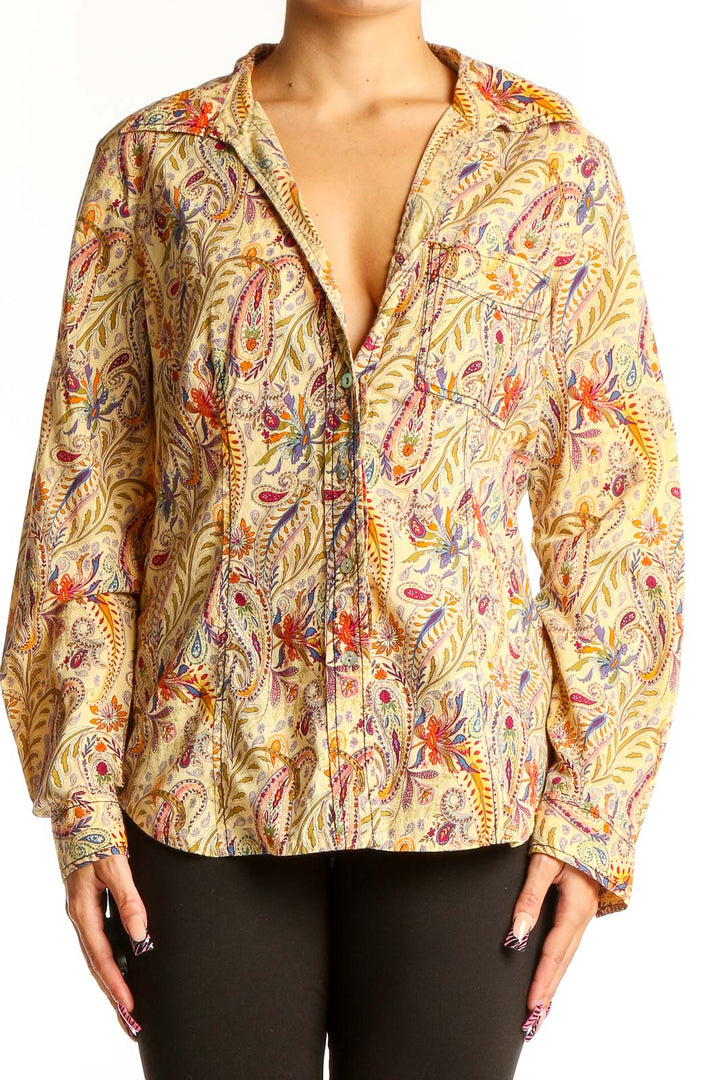 Front view of yellow floral cotton button-up blouse by Sundance