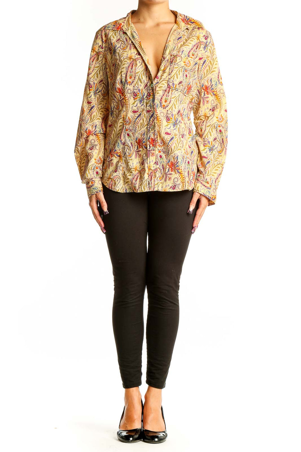 Front view of yellow floral cotton button-up blouse by Sundance