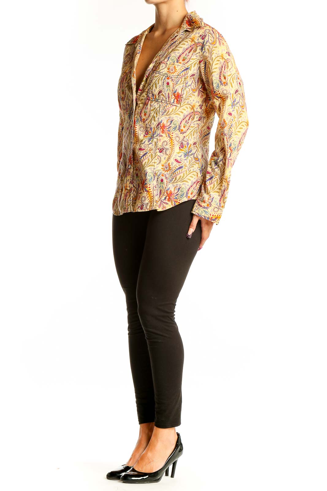 Front view of yellow floral cotton button-up blouse by Sundance