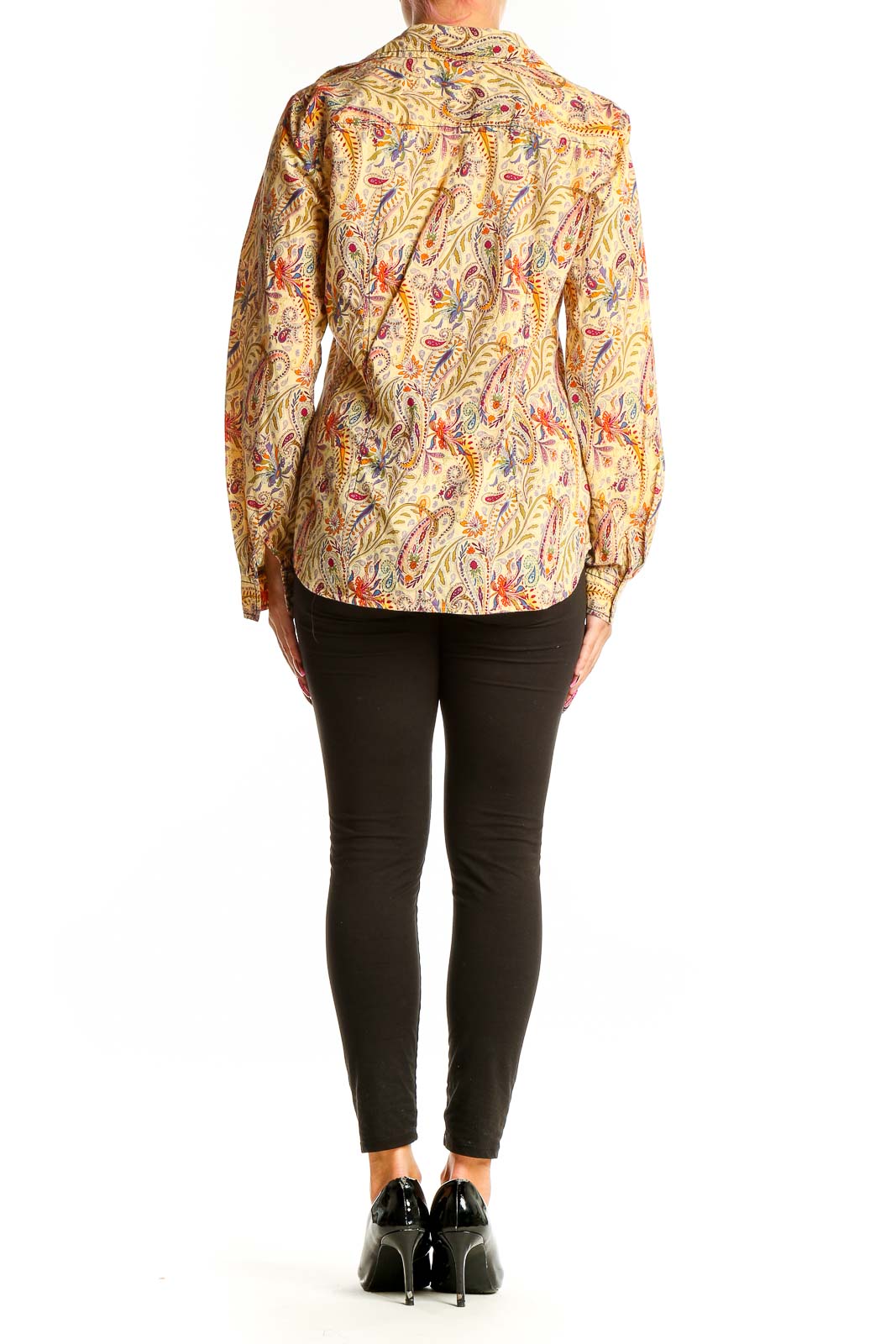 Back view of yellow floral cotton button-up blouse by Sundance