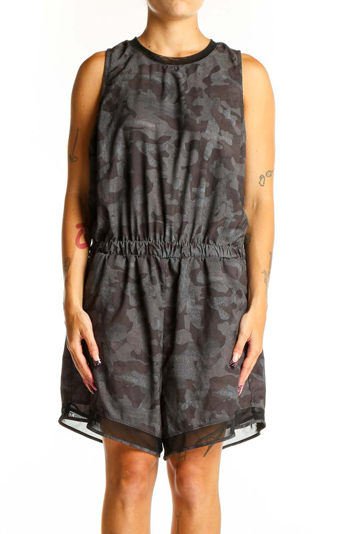 Front view of Zella gray camo print sleeveless romper with elastic waist