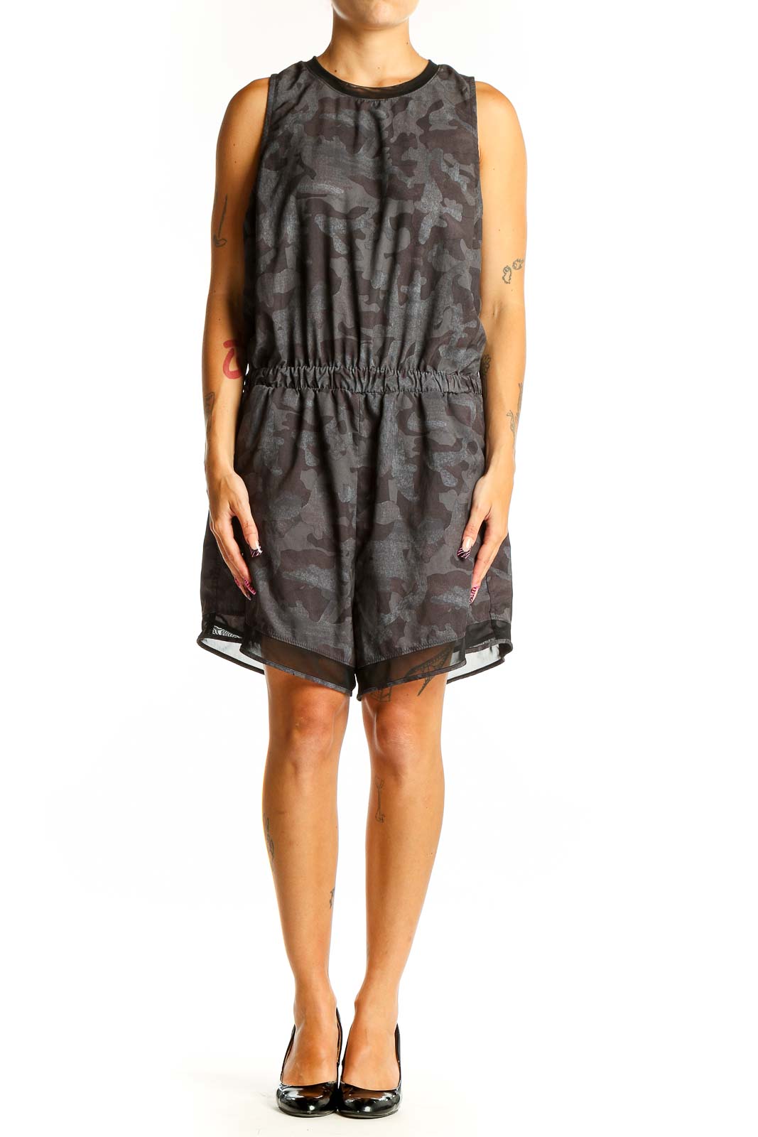 Front view of Zella gray camo print sleeveless romper with elastic waist