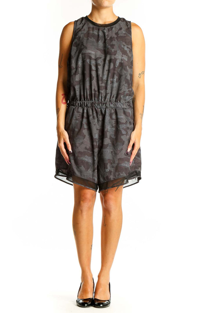 Front view of Zella gray camo print sleeveless romper with elastic waist