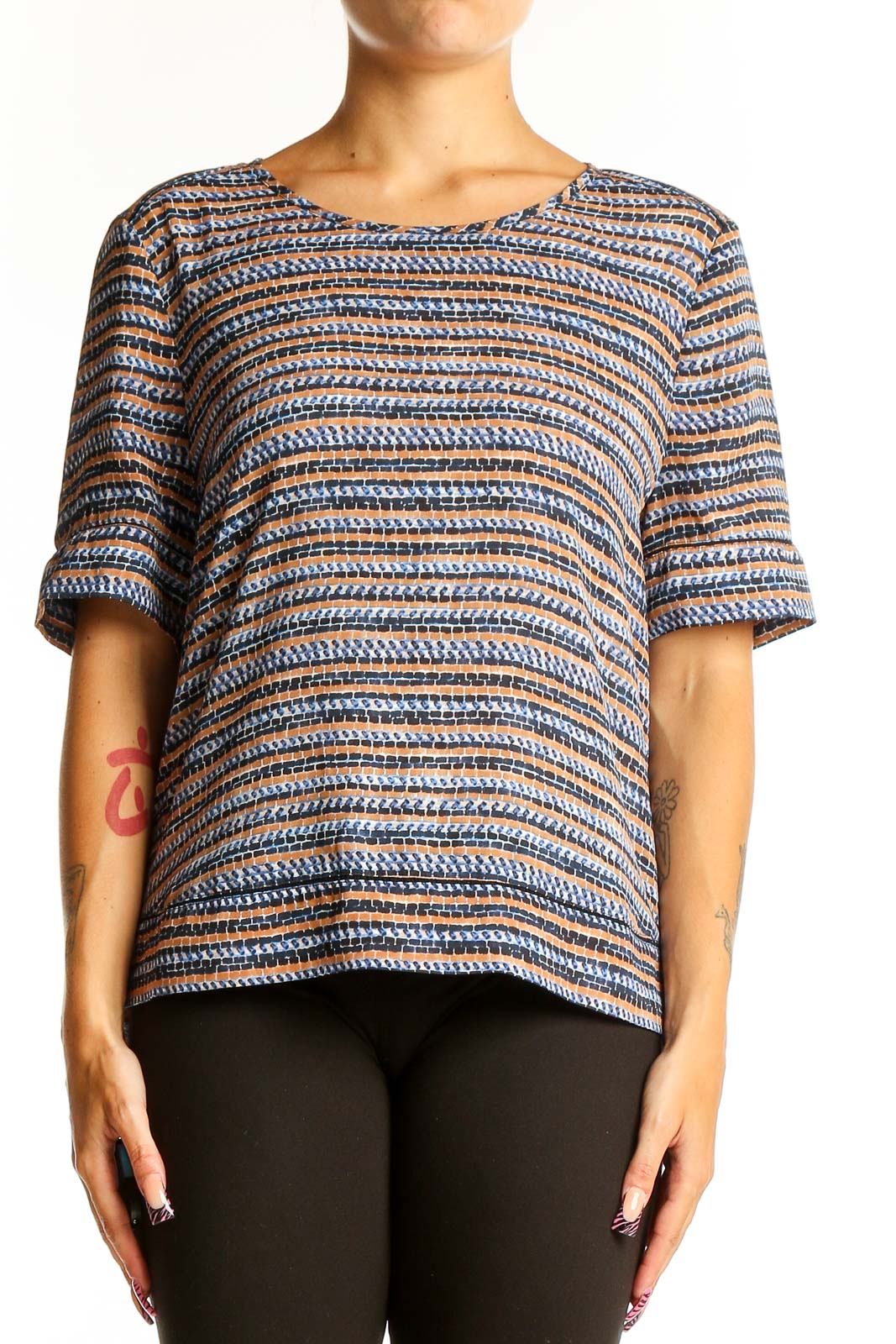 Front view of Scotch & Soda blue striped short sleeve top with textured pattern