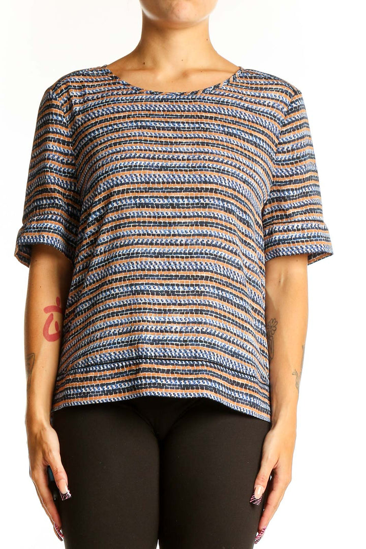 Front view of Scotch & Soda blue striped short sleeve top with textured pattern