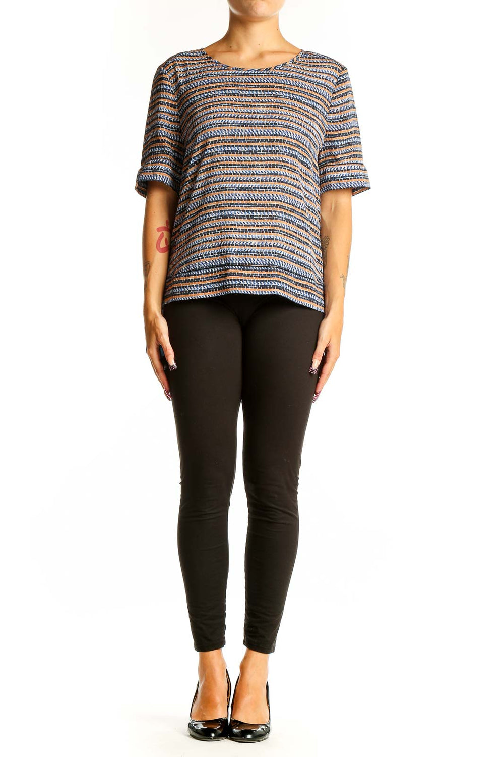 Front view of Scotch & Soda blue striped short sleeve top with textured pattern
