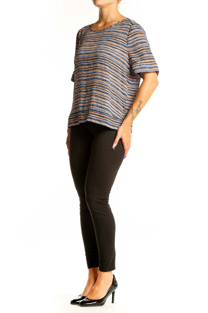 Front view of Scotch & Soda blue striped short sleeve top with textured pattern