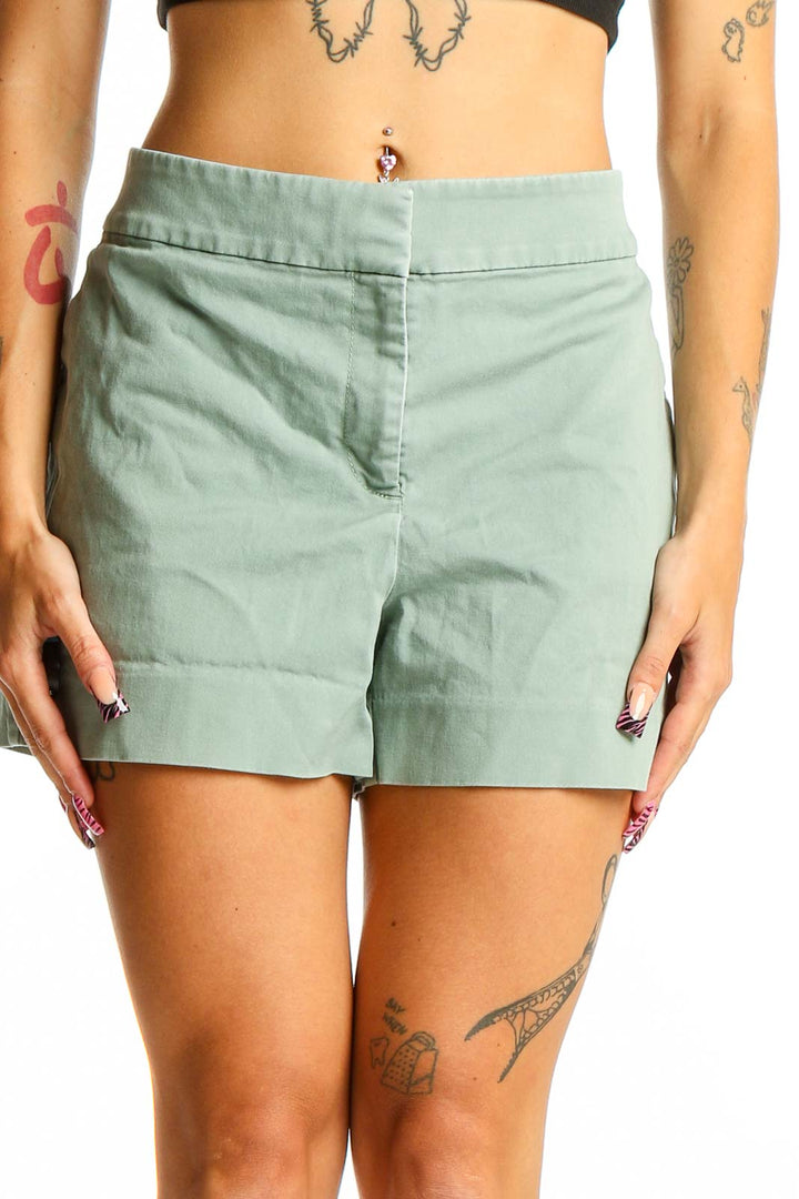 Front view of LOFT sage green cotton-spandex shorts