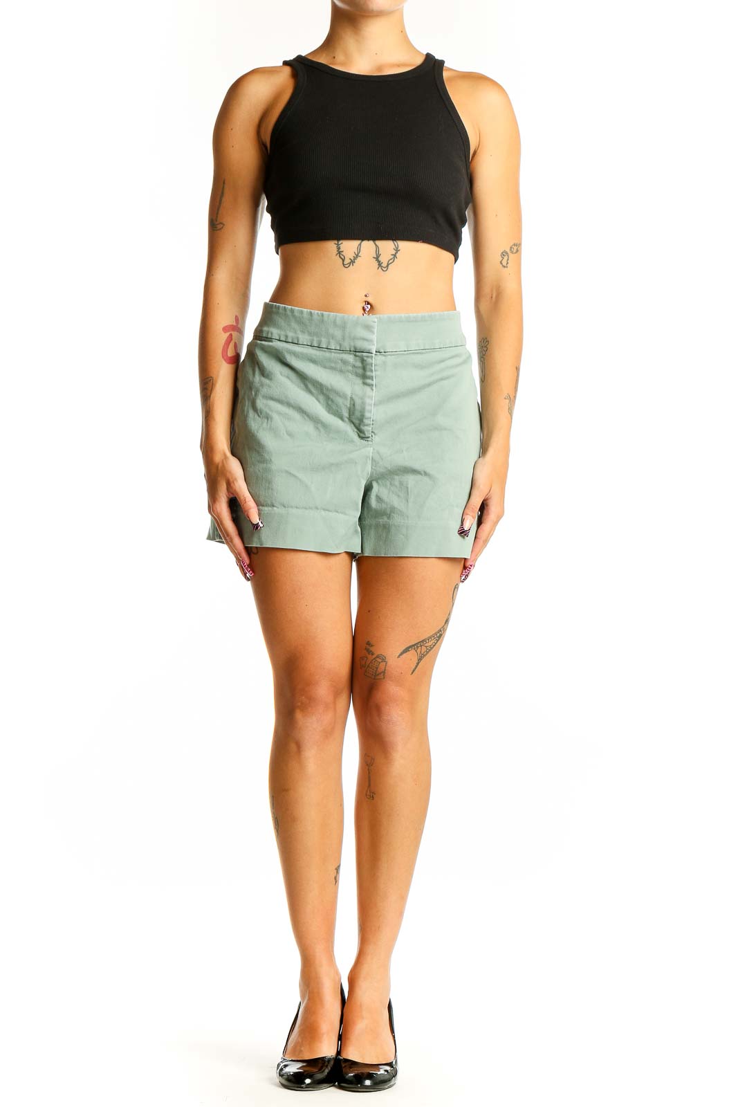 Front view of LOFT sage green cotton-spandex shorts