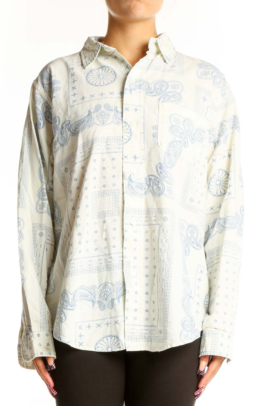 Front view of C/E Current/Elliott white and blue paisley print cotton button-up shirt