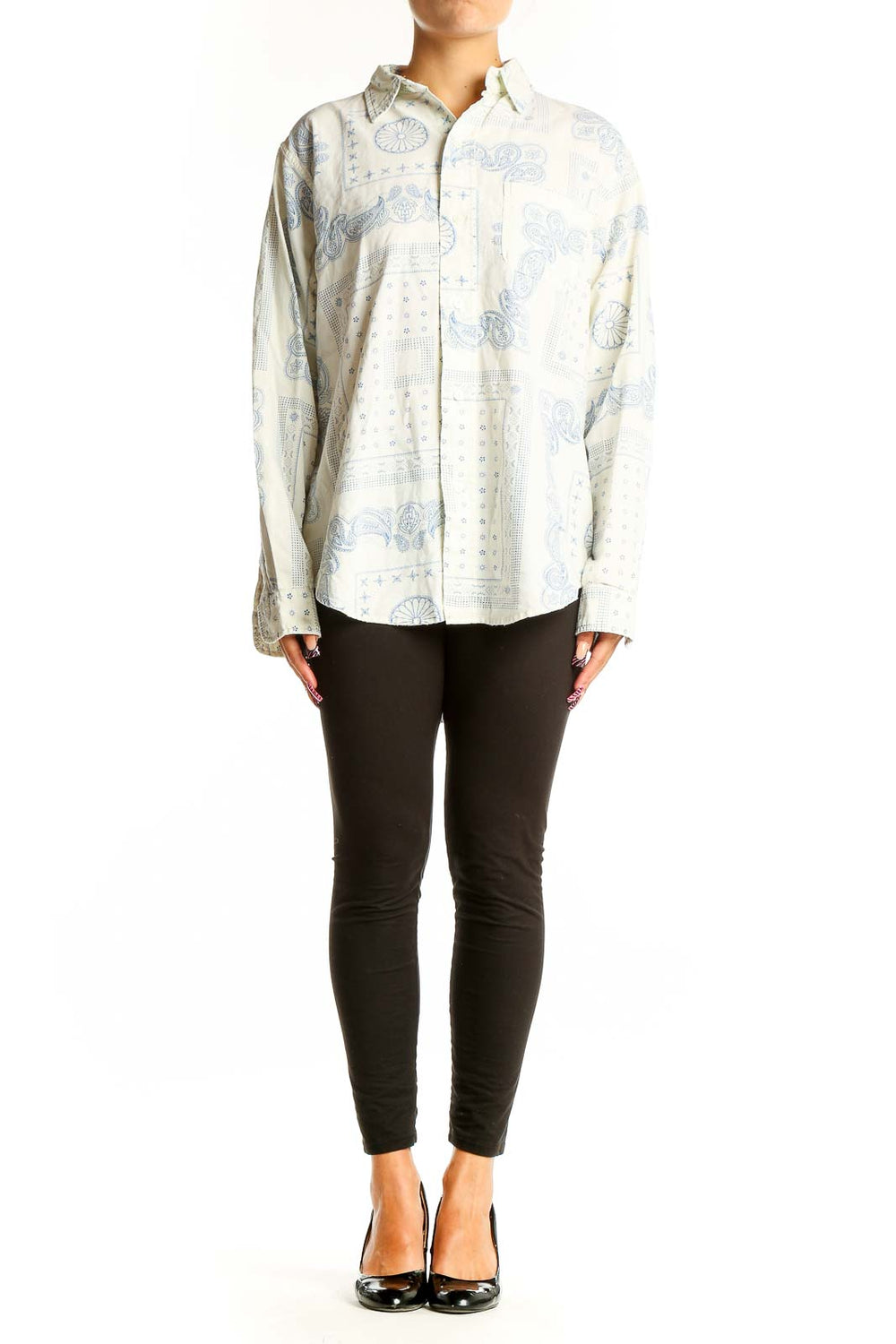 Front view of C/E Current/Elliott white and blue paisley print cotton button-up shirt