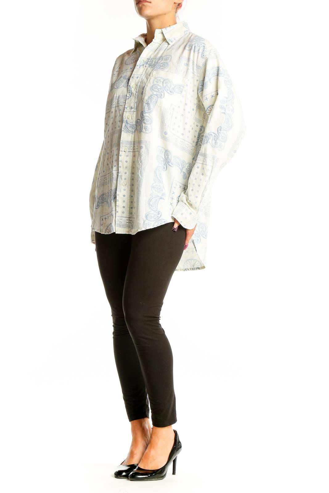 Front view of C/E Current/Elliott white and blue paisley print cotton button-up shirt