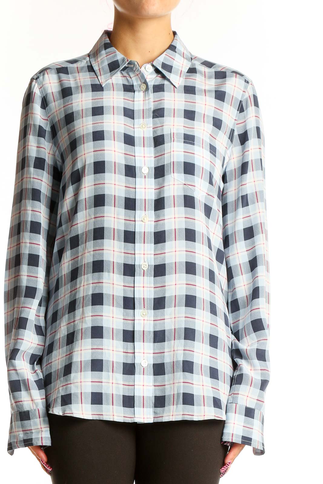 Front view of Equipment Femme blue and white plaid silk button-up shirt