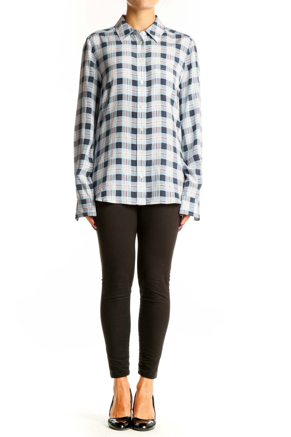 Front view of Equipment Femme blue and white plaid silk button-up shirt