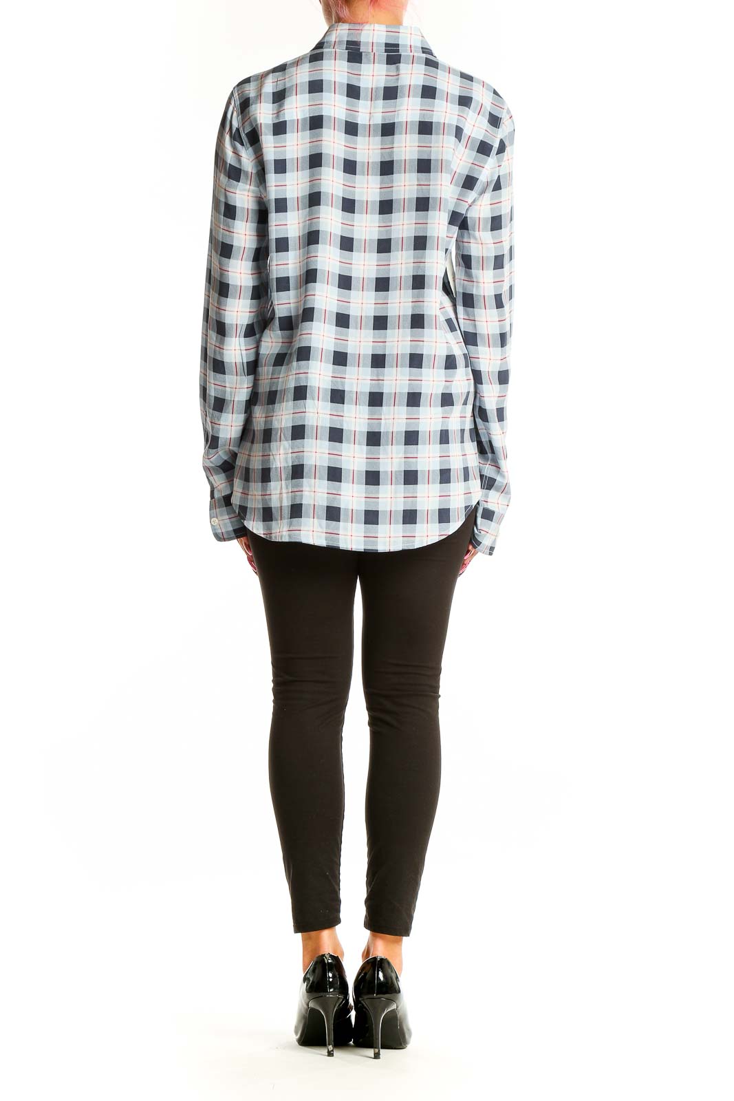 Back view of Equipment Femme blue and white plaid silk button-up shirt on model