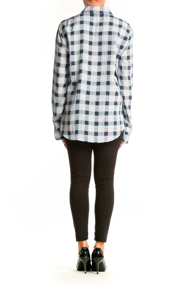 Back view of Equipment Femme blue and white plaid silk button-up shirt on model