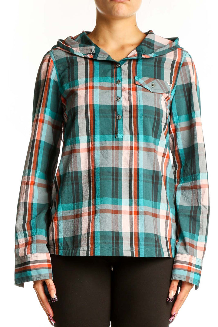 Front view of teal plaid hooded button-up shirt from prAna