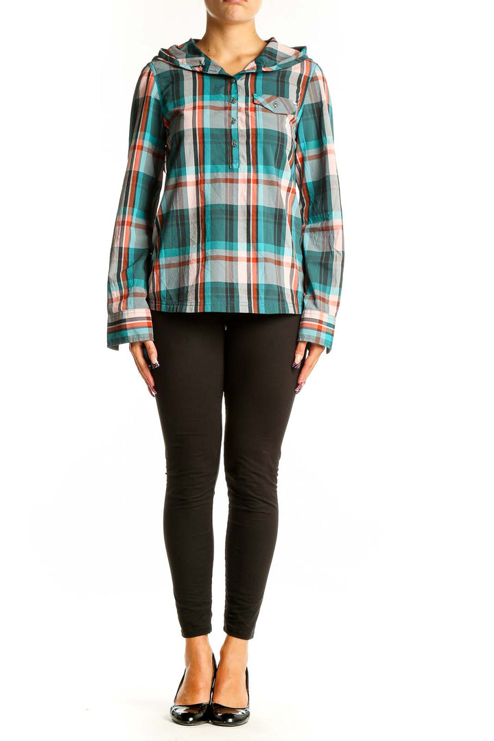 Front view of teal plaid hooded button-up shirt from prAna