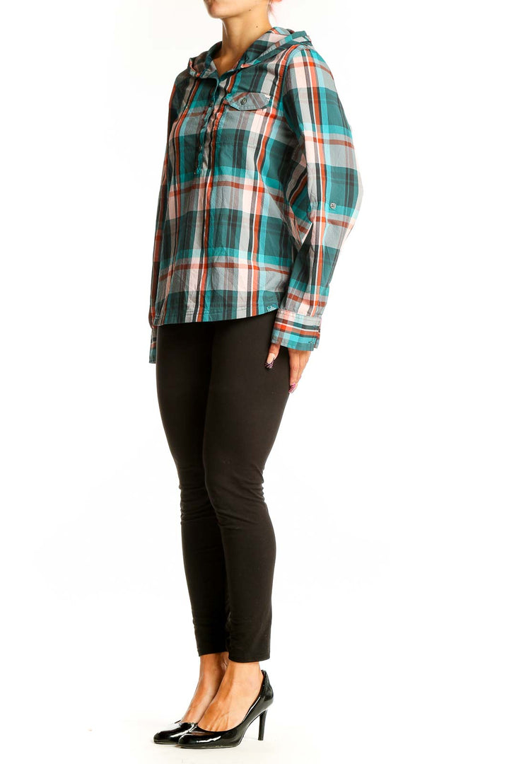 Front view of teal plaid hooded button-up shirt from prAna