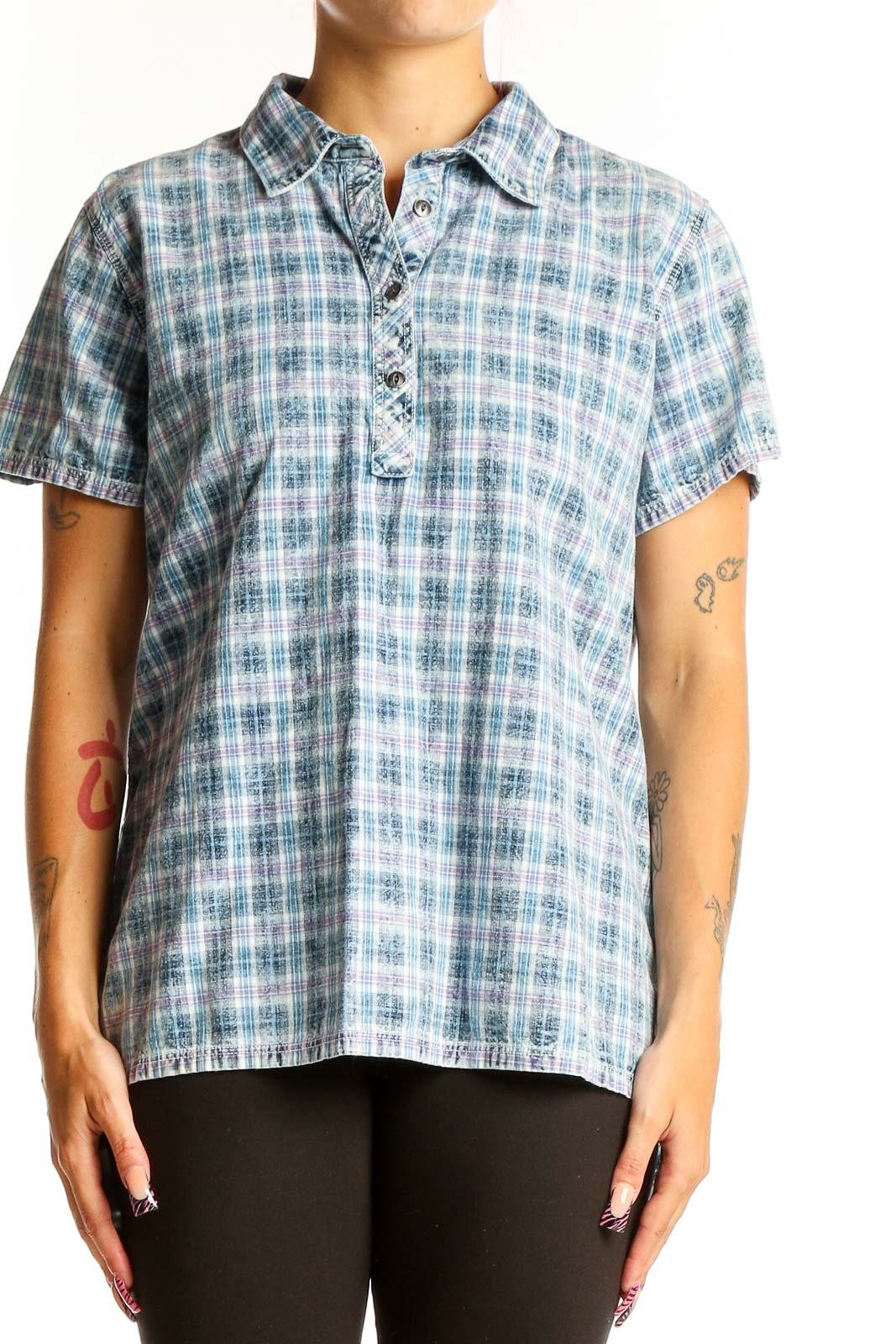 Front view of Orvis blue plaid cotton polo shirt on model