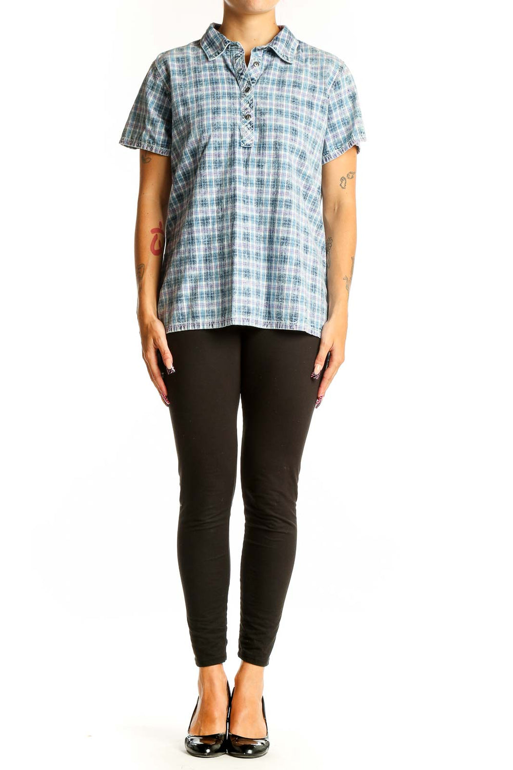 Front view of Orvis blue plaid cotton polo shirt on model