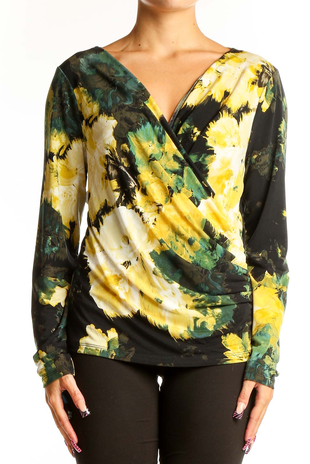 Front view of Calvin Klein yellow and green floral wrap top