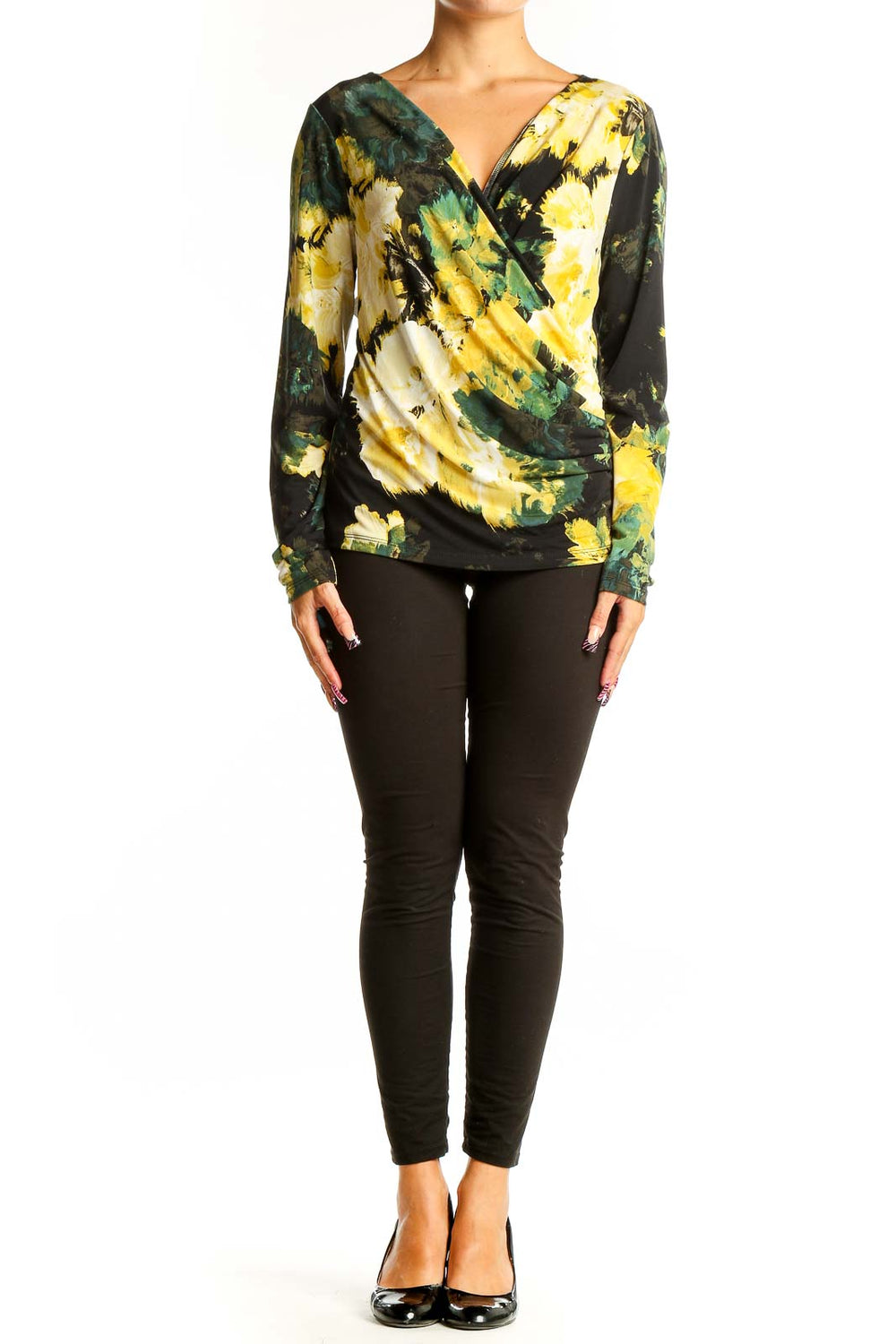 Front view of Calvin Klein yellow and green floral wrap top