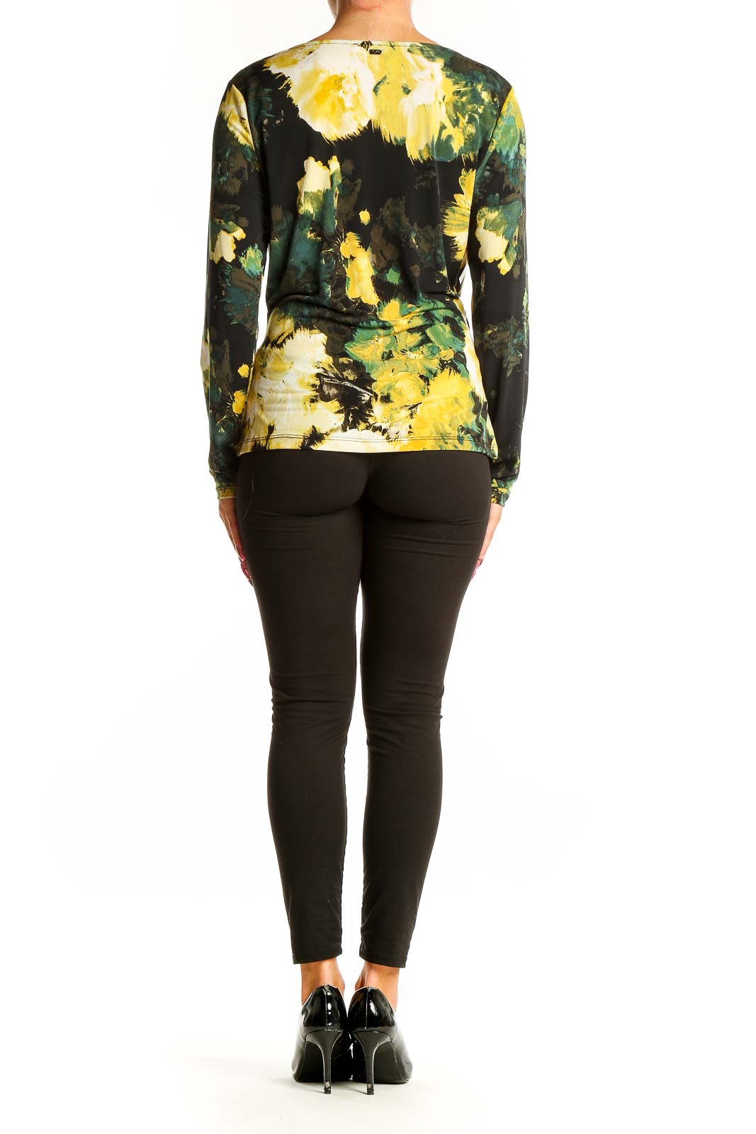 Back view of Calvin Klein yellow and green floral wrap top on model