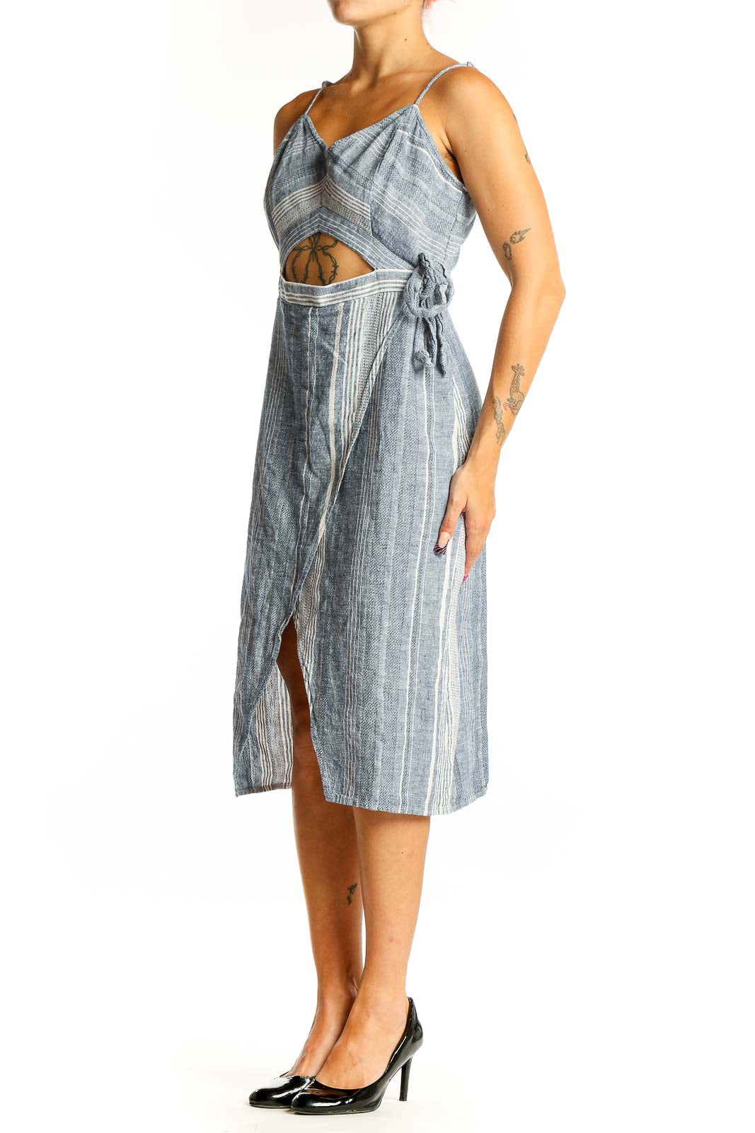 Front view of Express blue striped cotton-linen midi dress with cutout detail
