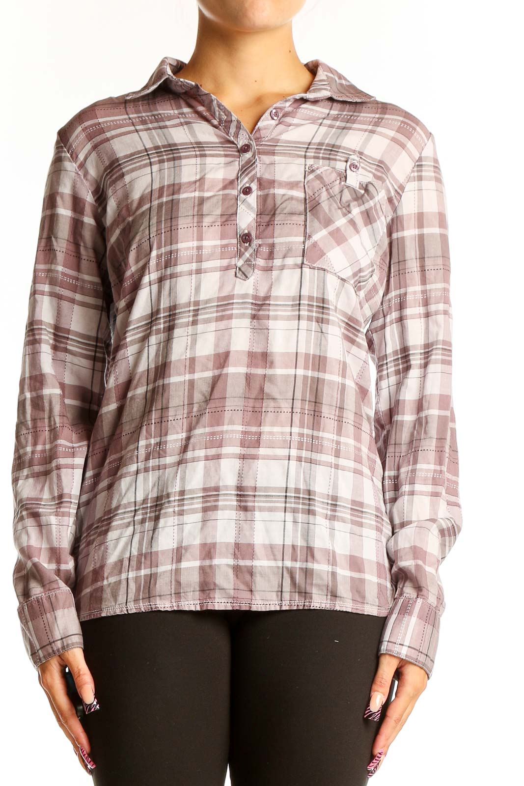 Front view of KUHL pink plaid Tencel button-up shirt